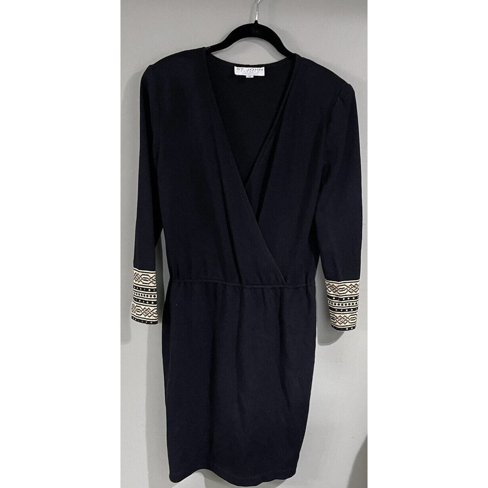 St John Evening Santana Knit Black Faux Wrap Dress USA 12 Gold Detail Fancy